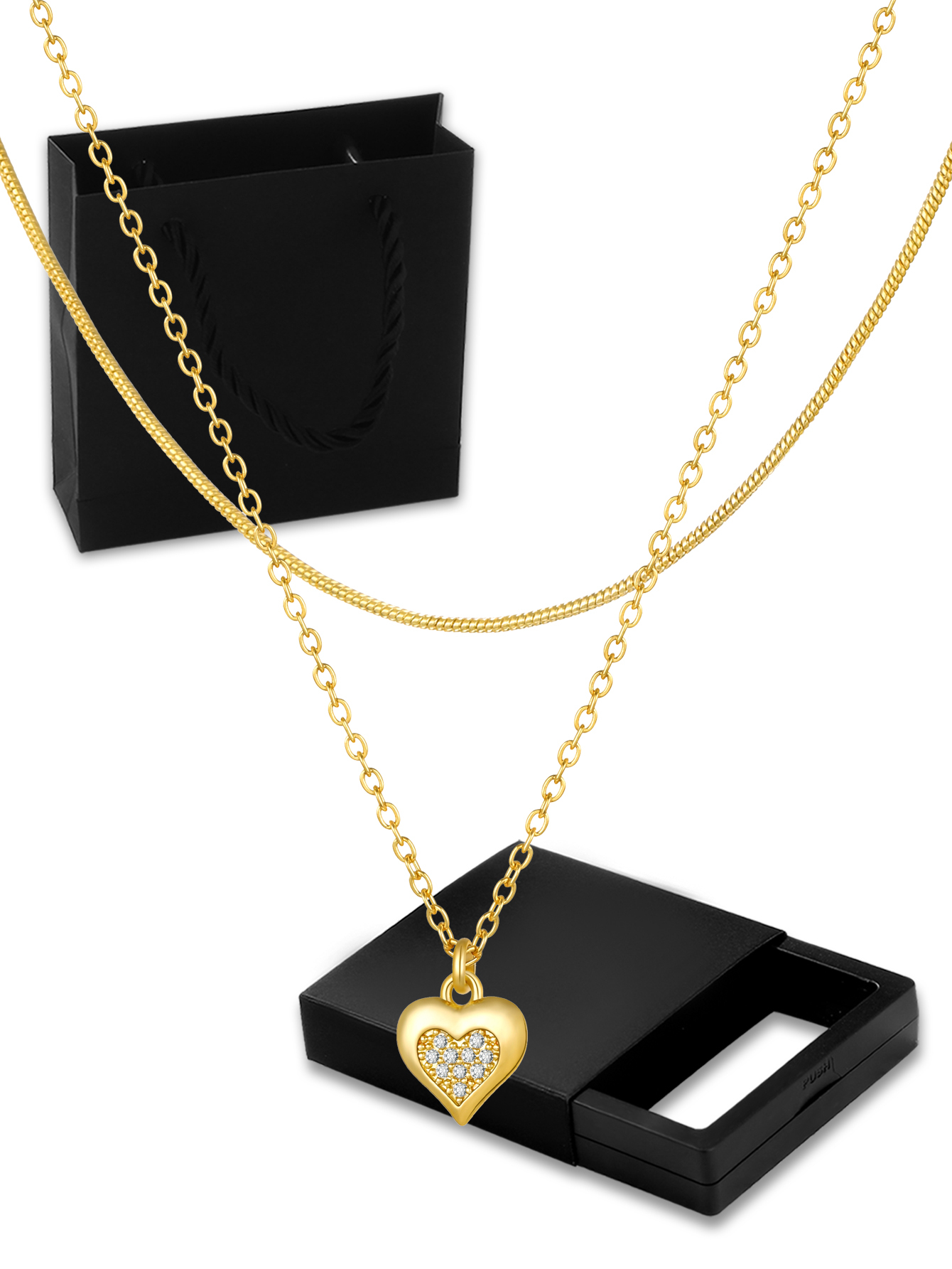 Fashion Layered Accessories: 18K Gold Plated Copper Heart-Shaped Hollow Pendant Necklace And Checkered Paperclip Set, Shiny Cubic Zirconia, Essential For Women