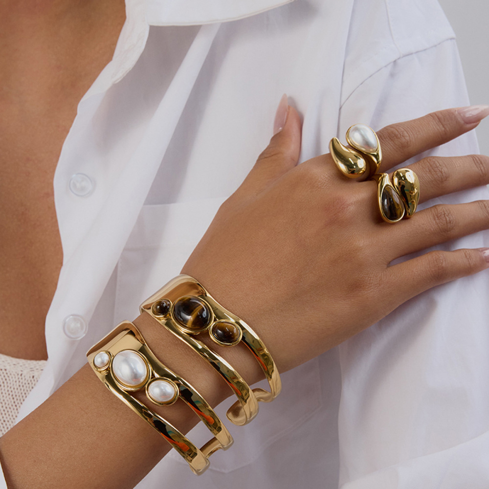 Natural Stone Hollow Titanium Steel Open Bracelet Women Non-Fading Jewelry Stainless Steel Ring Best-selling Accessories