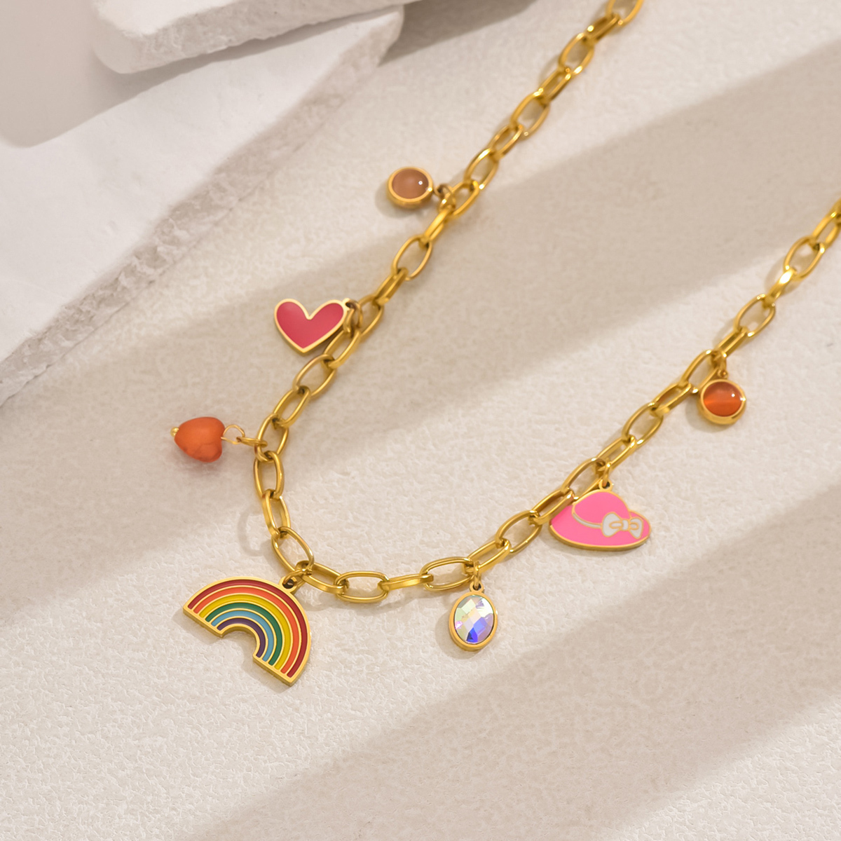 Wholesale Jewelry Casual Elegant Classic Style Rainbow Oval Heart Shape 201 Stainless Steel Zircon Multi Charms Necklace Paperclip Chain