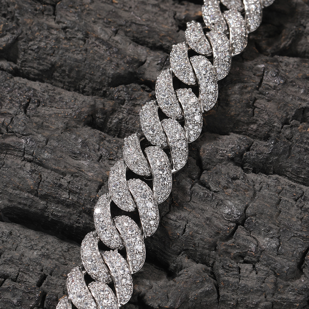 Men's Hip-Hop Bracelet High-End Texture Copper Inlaid Zirconia Gold-Plated Geometric Pattern Silver 18mm Cuban Chain Jewelry Box Clasp Personality
