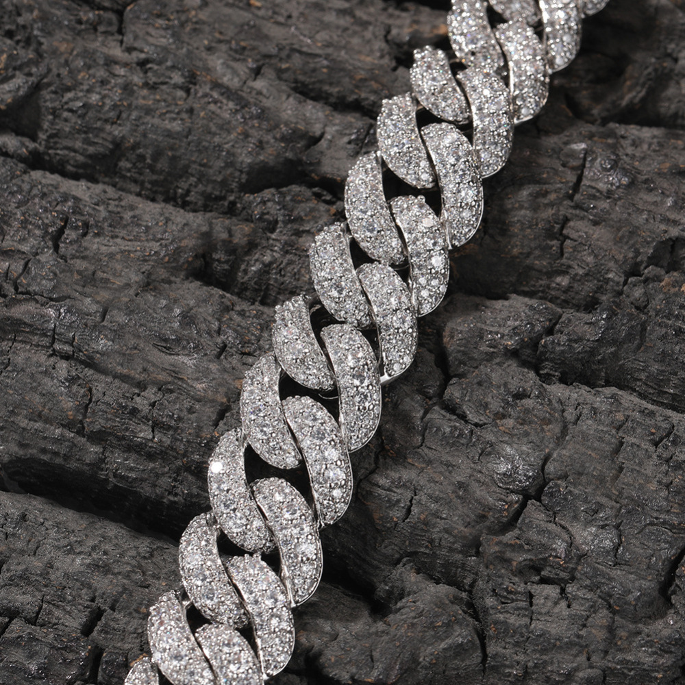 Men's Hip-Hop Bracelet High-End Texture Copper Inlaid Zirconia Gold-Plated Geometric Pattern Silver 18mm Cuban Chain Jewelry Box Clasp Personality