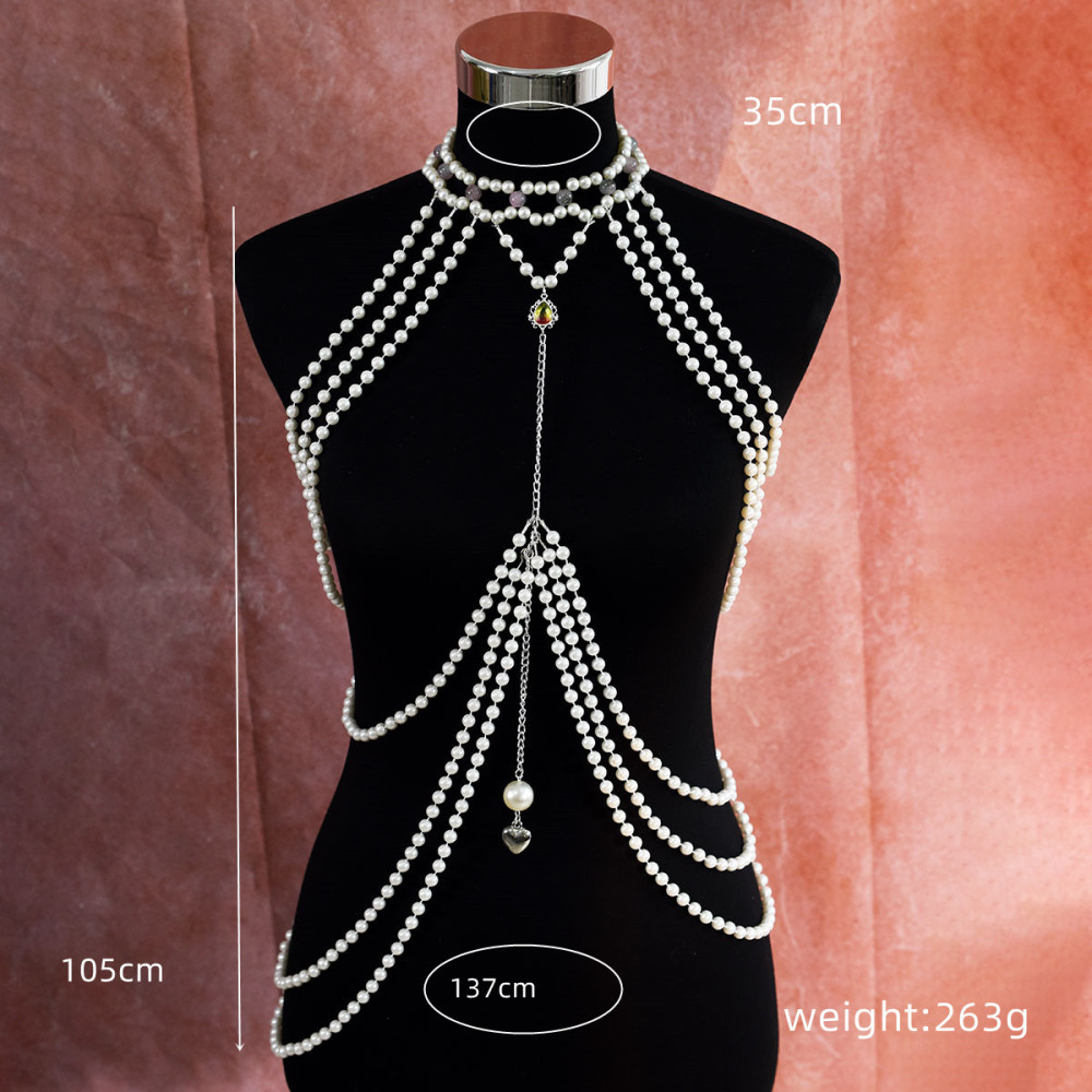 Classic Long Pearl Dress With Heart Pendant Artificial Crystal Accessories Women's Party Banquet Body Chain Original Design