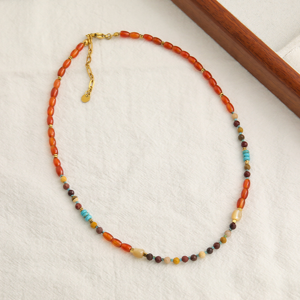 Natural Stone Agate Necklace Women's Hanfu Accessories New Chinese Style Sweater Chain Geometric Pattern Oval Shape Beads Design