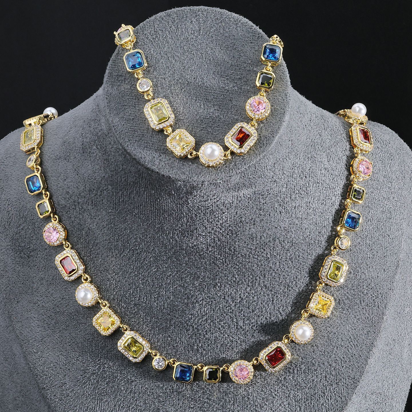 Fashion Chain Necklace Multi-Color Cubic Oxidized Zirconia Gemstone Enamel Pattern Mix Color Hip Hop Jewelry Accessory