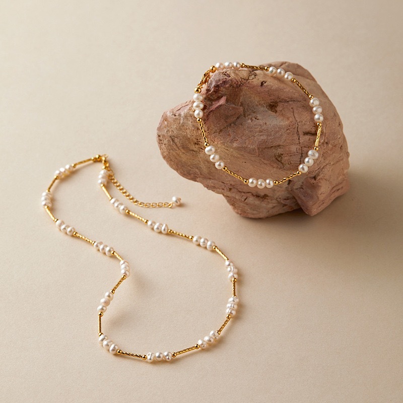 Natural Freshwater Pearl Set Necklace Vintage Style Classic Bracelet Real Gold Plated Brass