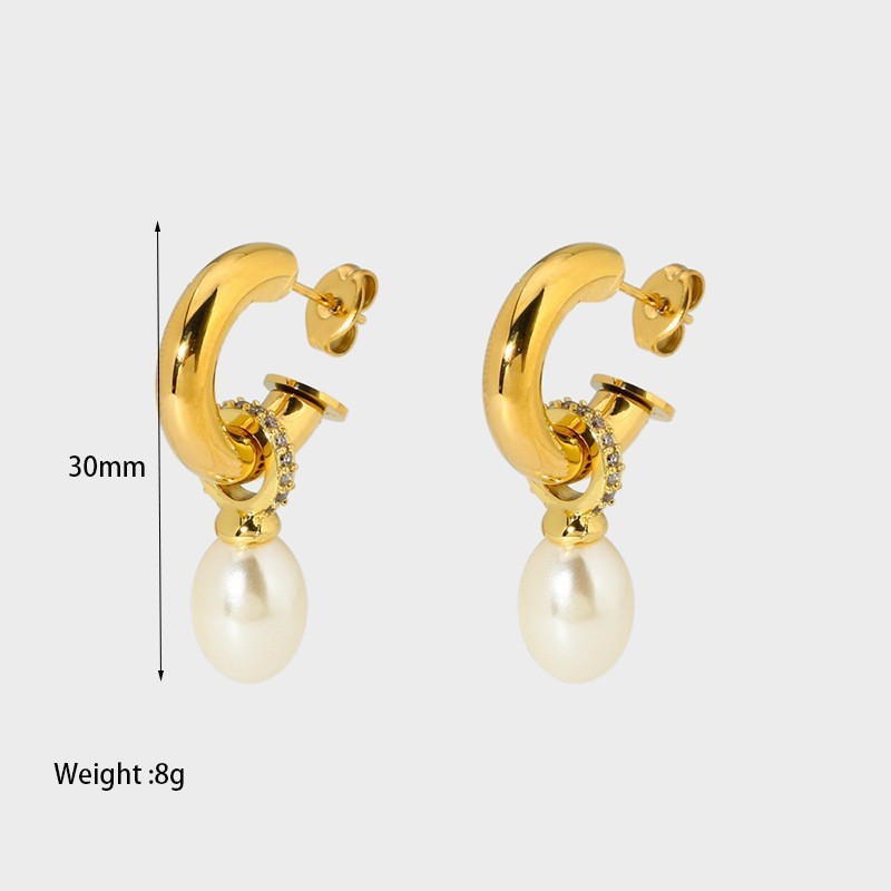 Elegant Waterproof Stainless Steel Pearl Tassel Earrings With Embedded Zirconia Stones 18K Gold Plated Geometric Pattern Women's Jewelry Accessories