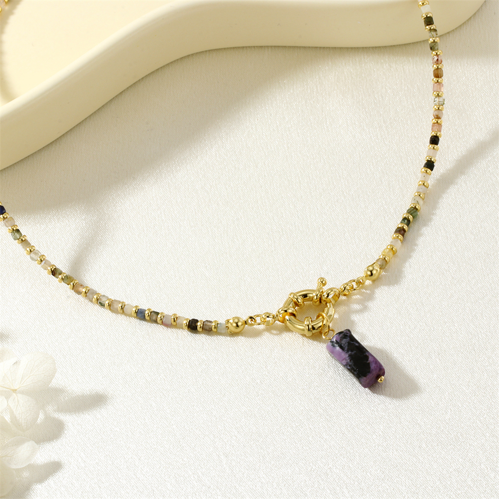 Vacation Classic Style Geometric Semi-precious Stone Tourmaline Copper Beaded Chain Pendant Necklace In Bulk