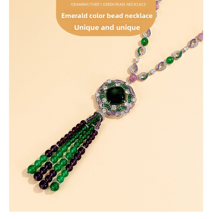 New Chinese Style Beaded Necklace 18K Gold Plated Emerald Tassel Luxury Sweater Chain Jewelry Simple Round Design Pendant