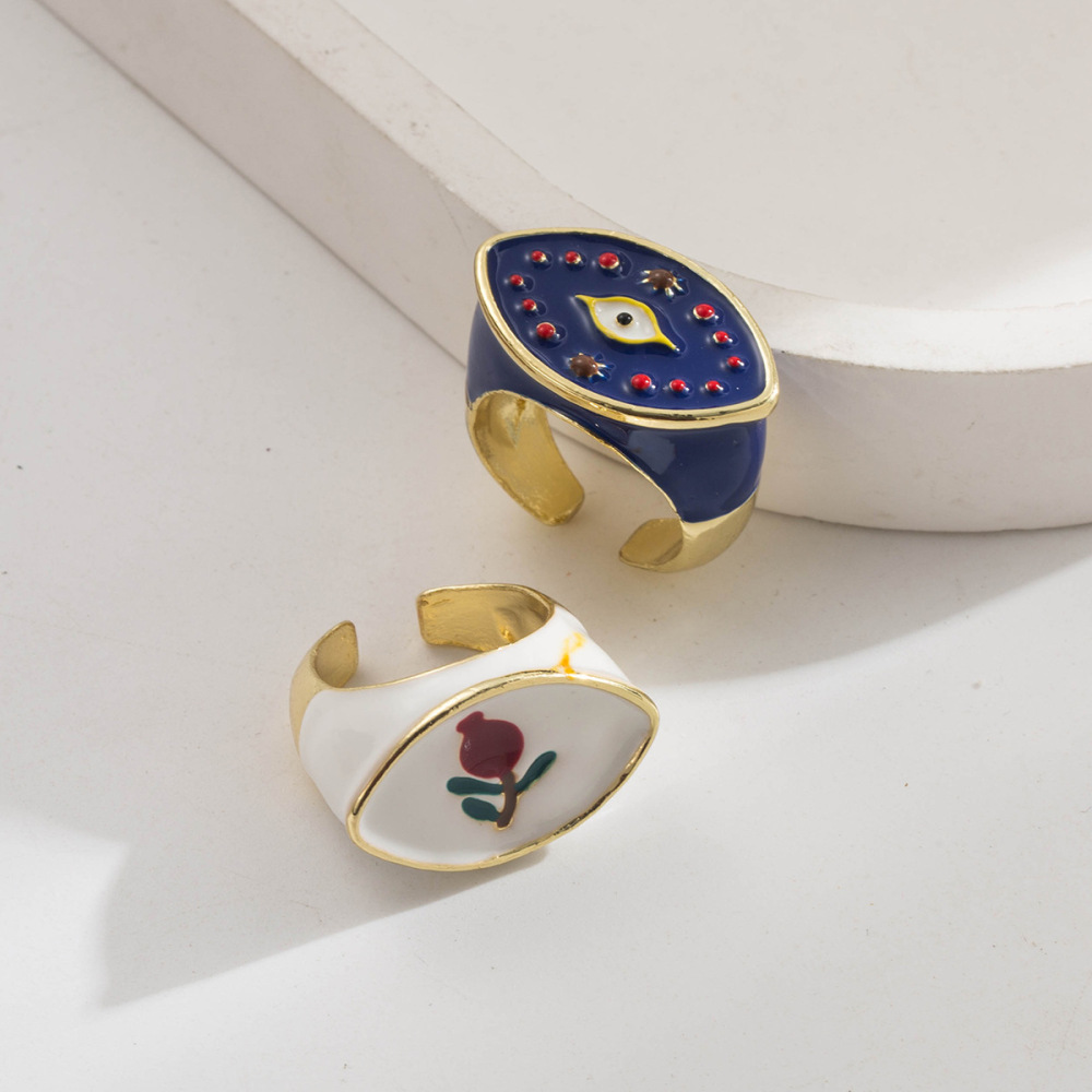 Three-Piece Devil's Eye Series  Copper Plated Gold Drip Oil Flower Tree Adjustable Open Rings Accessories