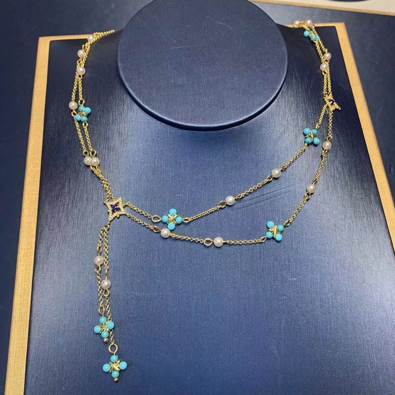 Elegant Green Turquoise Pearl Necklace For Women With Four Leaf Clover Tassel Clavicle Chain Simple Geometric Design Jewelry