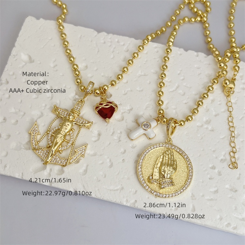 Wholesale Jewelry Retro Classic Style Cross Heart Shape Copper Zircon 18K Gold Plated Pendant Necklace