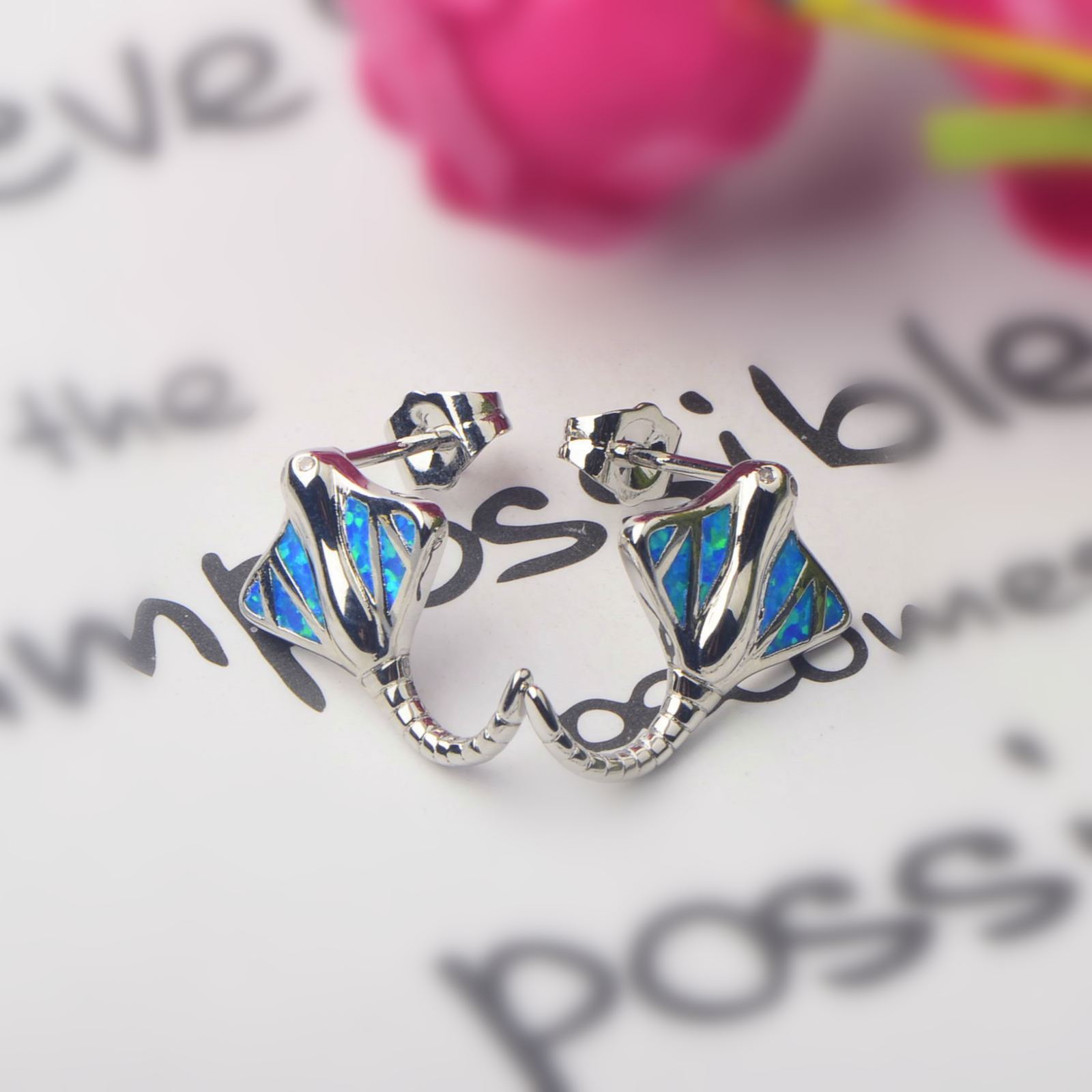 Adorable Blue Opal Bat Fish Earrings For Girls Bohemian Style Floral Print Copper Material Simple Design Jewelry Accessories