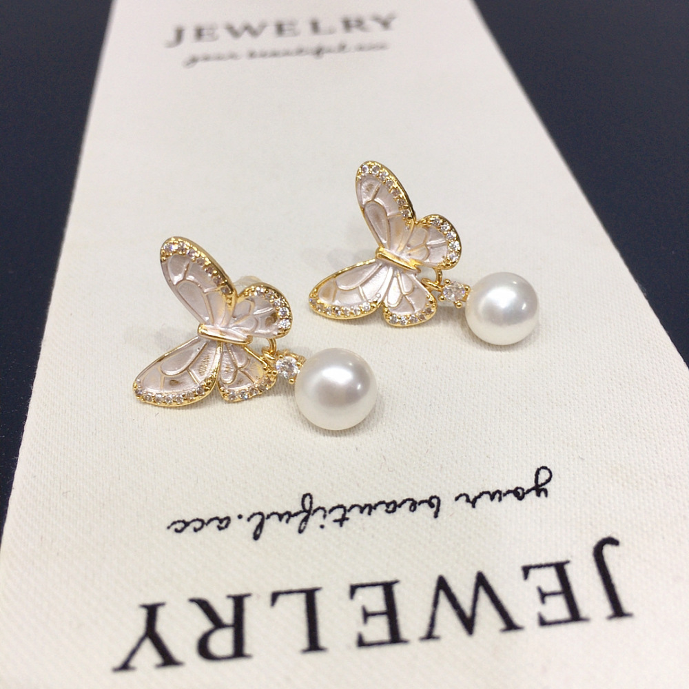 High Quality Natural Freshwater Pearl Earrings Women's Baked Paint Engraved Zircon Butterfly Elegant Jewelry Accessories