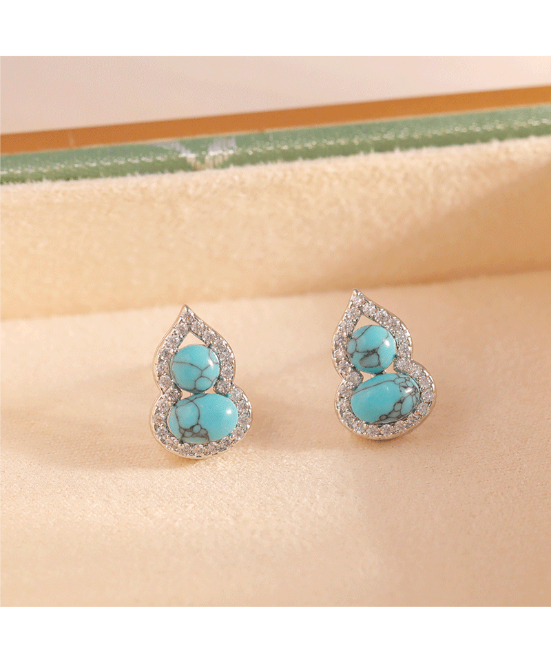 New Chinese Style Green Turquoise Gourd Earrings Bohemian Print Copper Jewelry 925 Silver Post Unique Design Women's Fashion