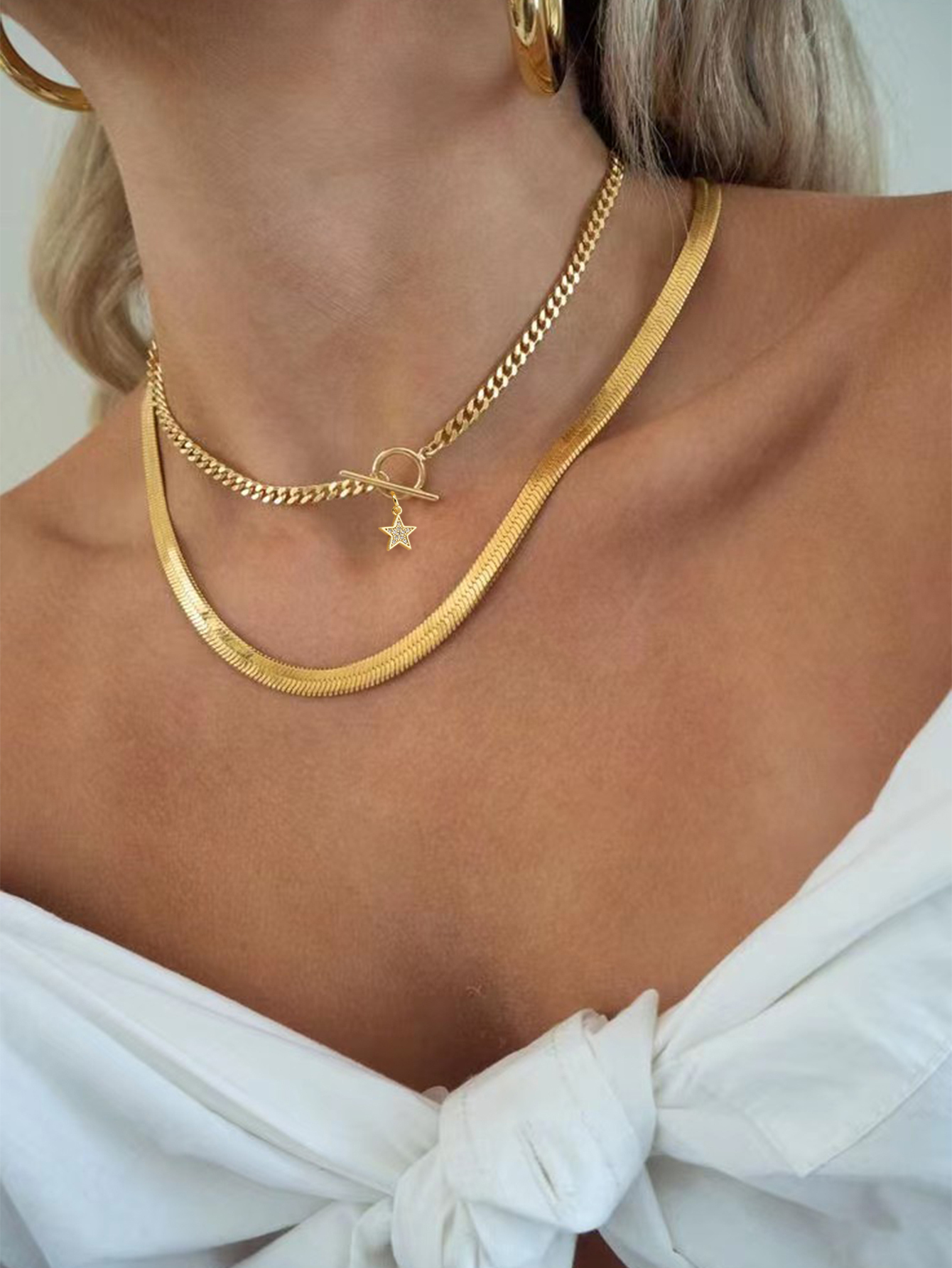 18K Gold Plated Personalized Grid Paperclip Box Multi-layer Necklace With Copper Inlaid Shiny Cubic Zirconia Pendant Set Necklace/Fashion Jewelry Gift Box Accessories/Suitable For Girlfriend Gifts And Daily Wear