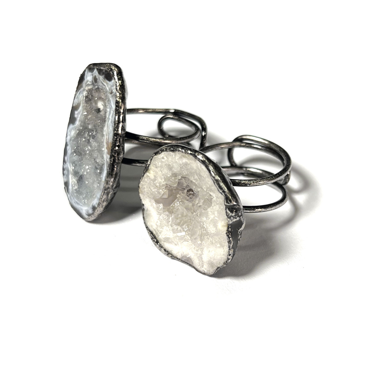 Retro Handmade Adjustable Silver Gold Plated Agate Crystal Ring Open Geometric Unisex Wide Band Jewelry Accessories