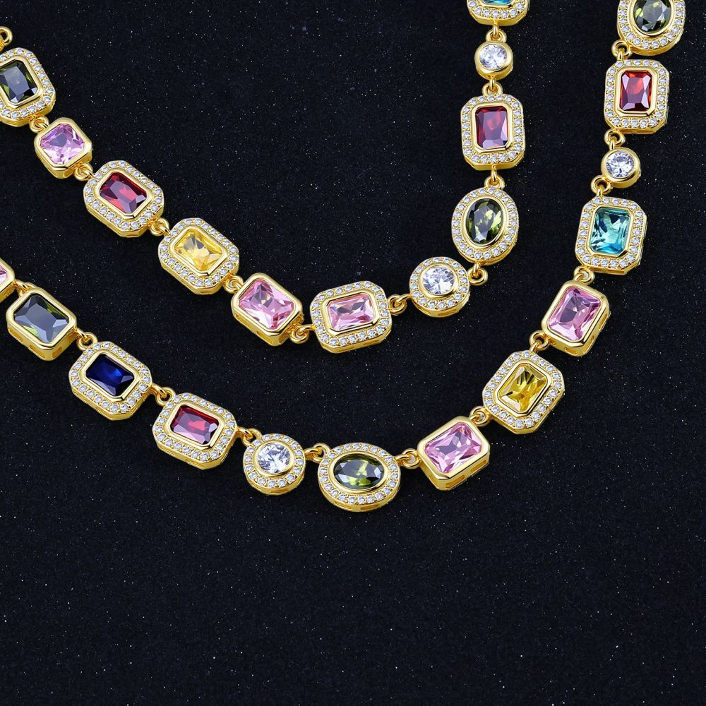 Colorful Gemstone Jewelry Set For Men And Women Hip Hop Style Zircon Necklace And Bracelet Popular Trendy Jewelry Accessories