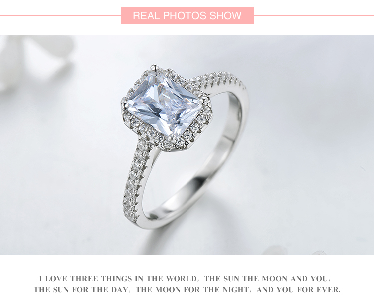 Wedding Engagement 925 Sterling Silver Women'S Zircon Silver Rhodium Plated Rectangle Rings