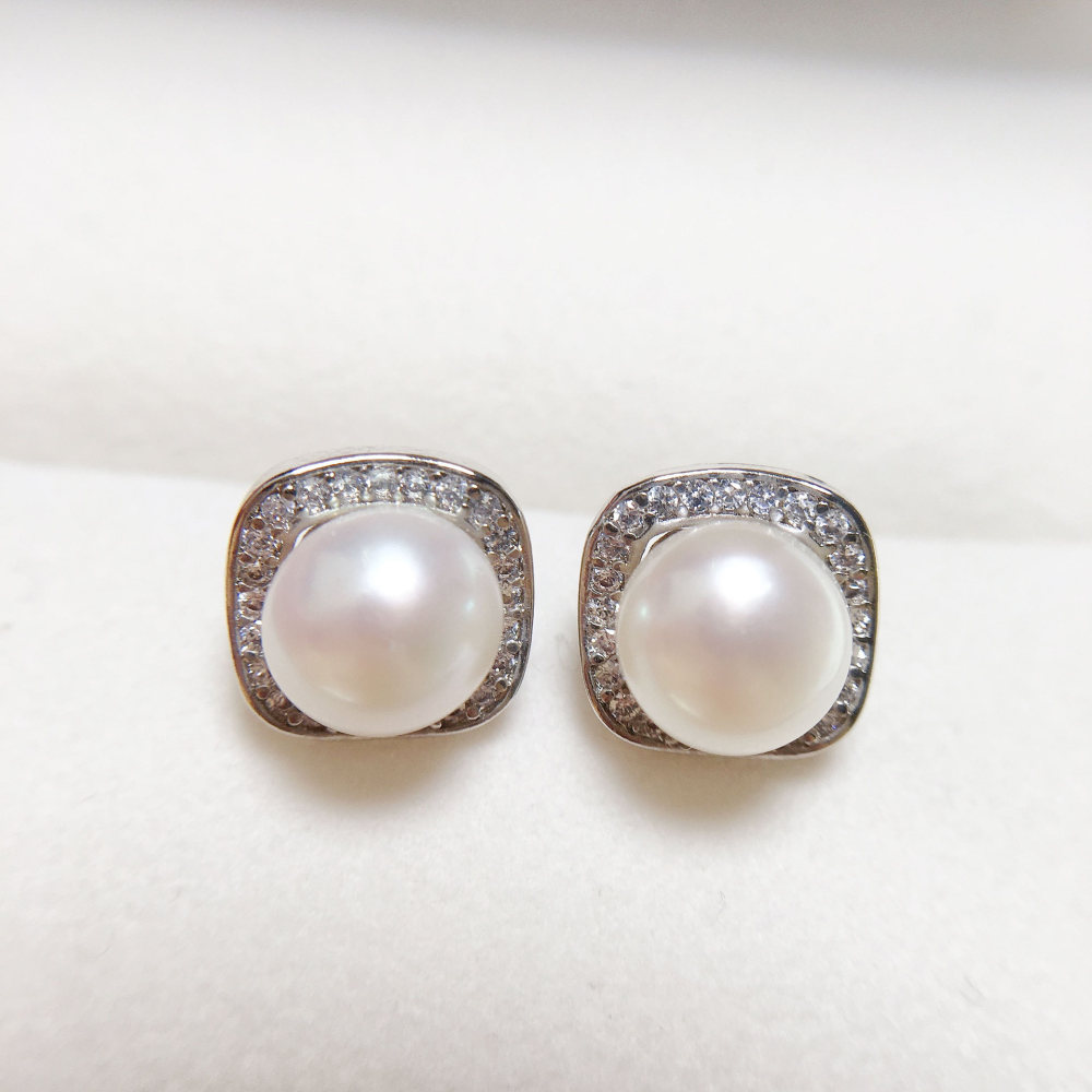 Natural Freshwater Pearl Earrings For Women Square Shape High-End Zircon Pearl Fashionable Wedding Jewelry Accessories