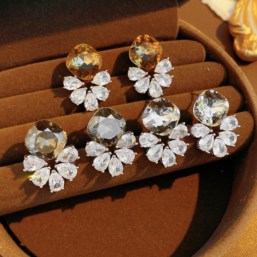 Silver Zircon Flower Water Drop Earrings Simple Iron Post Women's Jewelry Accessories