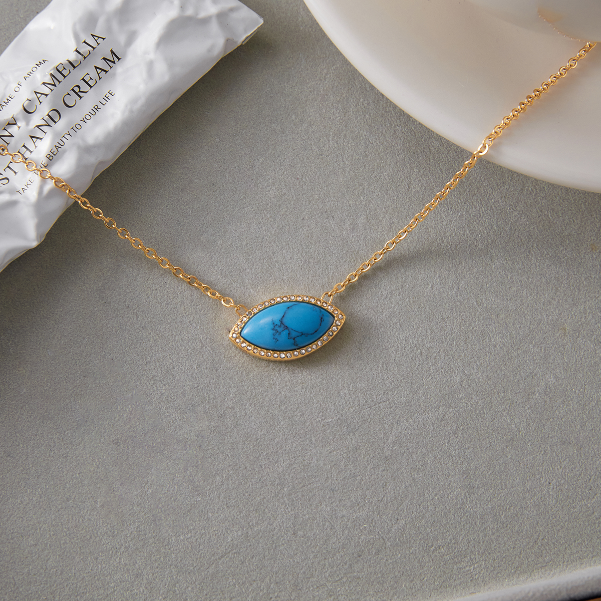 Ladies Vintage Style 18K Gold Plated Stainless Steel Turquoise Evil Eye Pendant Necklace Blue Lapis Lazuli Devil Eye Jewelry