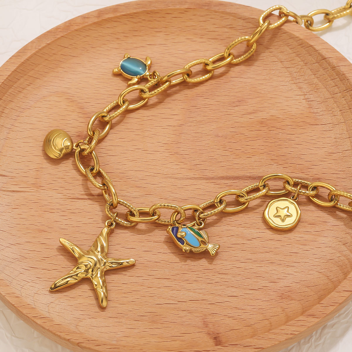 Ocean Wind Starfish Turtle Stainless Steel Necklace Golden Chain Multi-Pendant Design Fashion Necklace Ornament