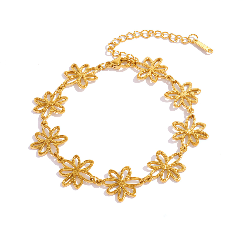 18K Gold Plated 304 Stainless Steel Vacuum Electroplating (In Furnace) Vintage Floral Waterproof Non-Fading Asymmetric Three-Dimensional Handmade Chain Women's Bracelet Jewelry Accessories