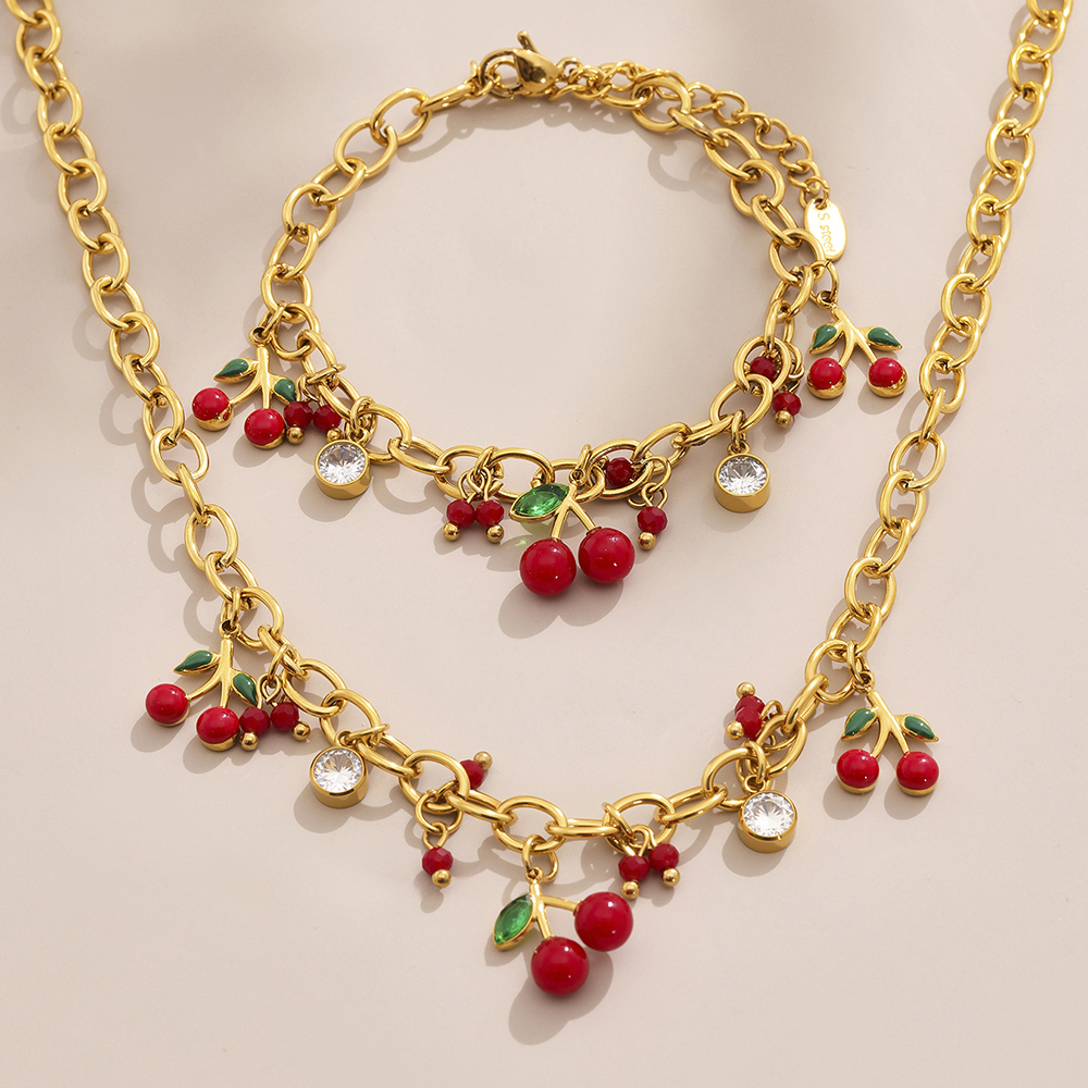 Stainless Steel Cherry Red Pearl Zirconia 18K Gold Plated Bracelet Necklace Set Versatile Personality Jewelry Accessories