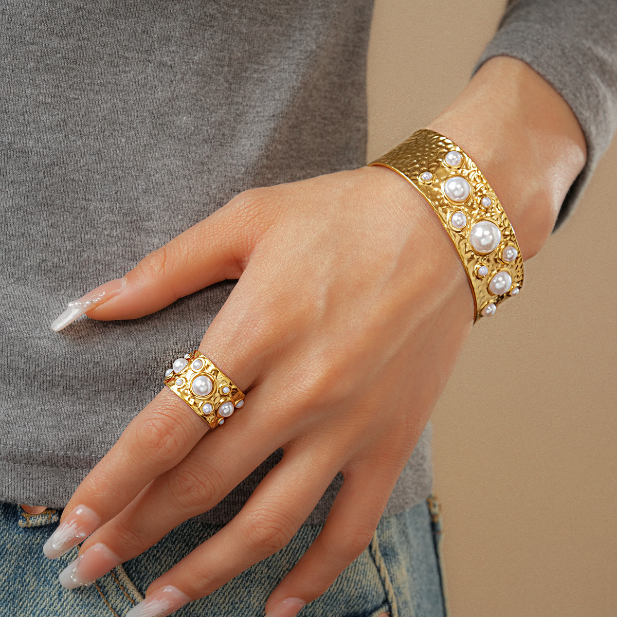 304 Stainless Steel Pearl Shell Starfish Open Ring Bracelet Beach Vacation Style Handmade Jewelry Accessories Flower Jewelry Set