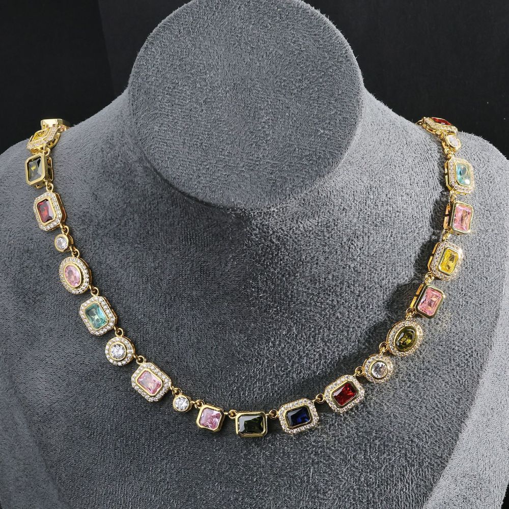 Colorful Gemstone Jewelry Set For Men And Women Hip Hop Style Zircon Necklace And Bracelet Popular Trendy Jewelry Accessories