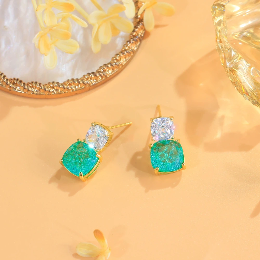 Copper Style Stud Earrings Dazzling White Green Crushed Ice Color Cubic Zirconia Crystal Square Dangle Earrings Fashion Women Party Jewelry Accessories