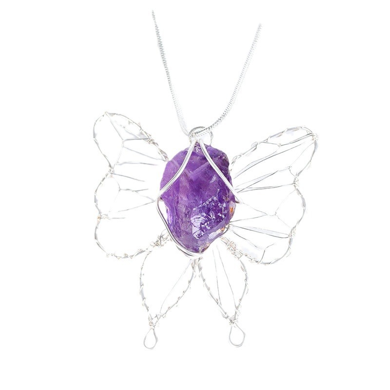 Natural Crystal Raw Stone Butterfly Pendant Necklace Wire Wrapped European And American Pink White Purple Fluorite High-grade Crystal Butterfly Necklace Accessories