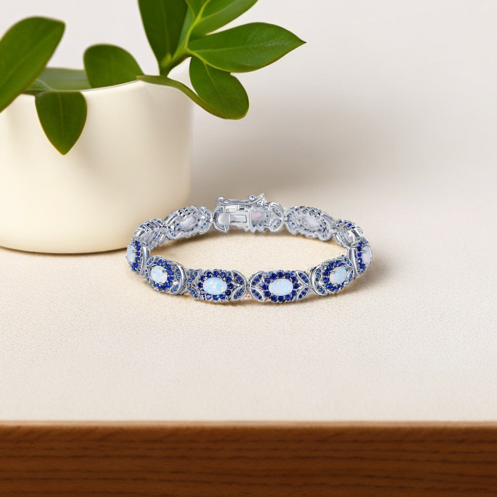 Fashionable Oval Shaped Opal Bracelet Elegant Geometric Pattern Copper Jewelry Colorful Gemstone Accessories For Women