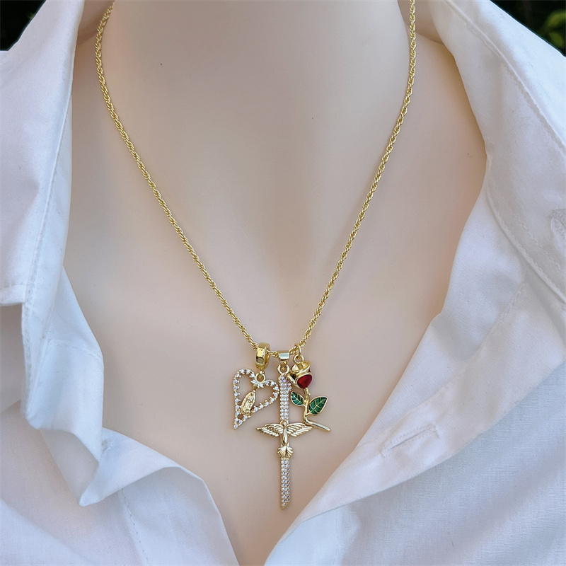 Wholesale Jewelry Retro Classic Style Cross Heart Shape Rose Copper Zircon 18K Gold Plated Multi Charms Necklace Twisted Rope Chain