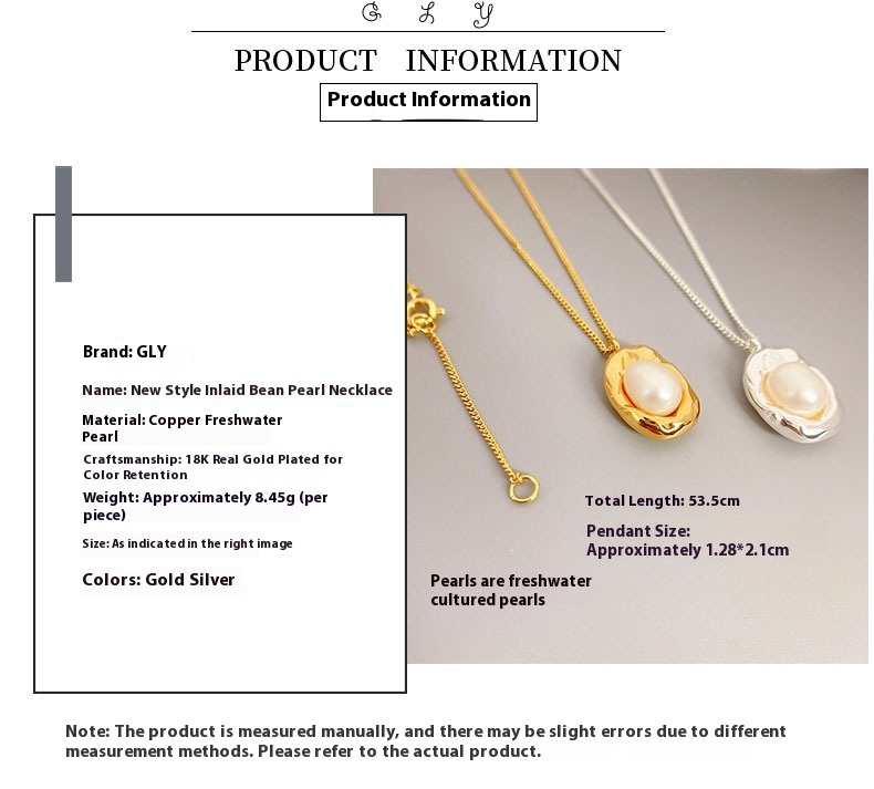 French Design Versatile Small Bean Shape Embedded Freshwater Cultured Pearl Necklace Fashion Clavicle Chain Geometric Pattern Women's Jewelry