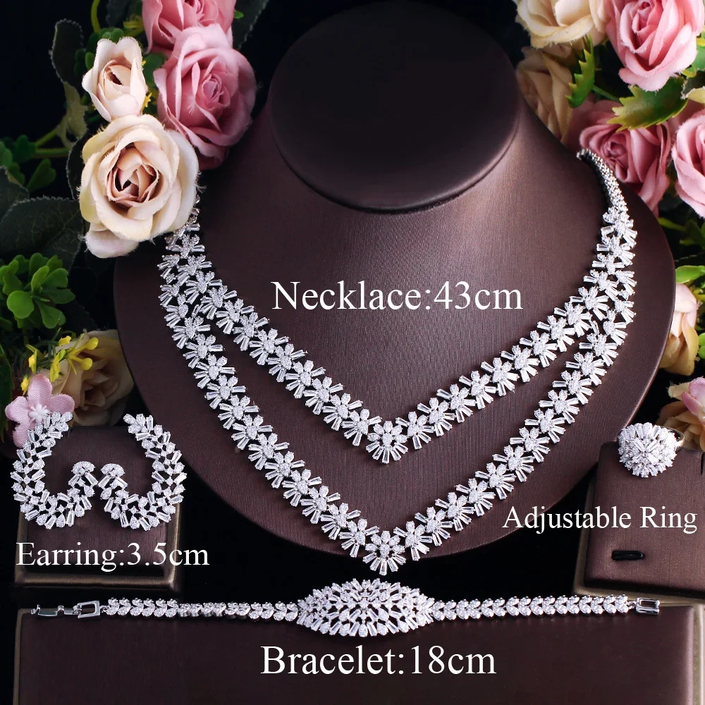 Copper Material Water Plated Rhodium White Gold Inlaid Zircon Snowflake Shape Women's Banquet Jewelry Four-Piece Jewelry Set Tennis Chain (Full Diamond Chain)