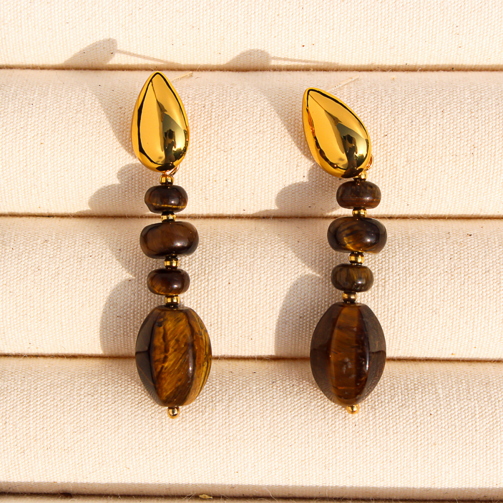 Original Design High-End Natural Tiger Eye Stone Gold Round Bead Necklace Bracelet Waterdrop Earring Set For Ladies Fashion Jewelry Accessories