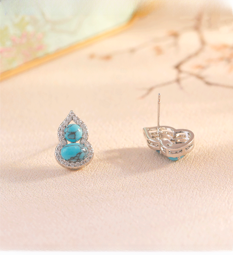 New Chinese Style Green Turquoise Gourd Earrings Bohemian Print Copper Jewelry 925 Silver Post Unique Design Women's Fashion
