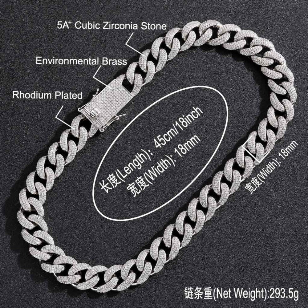 Qiji Men's Hip Hop Necklace 18mm Three Rows Cubic Zirconia Cuban Link Personalized Micro-Set Zirconia Men's Necklace