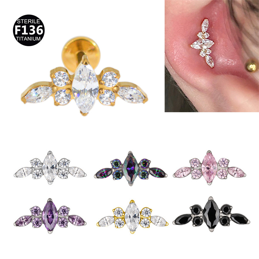 Long F136 Titanium Ear Lip Nose Studs Body Piercing Jewelry Petal Design Inner Tooth Flower Shaped Fashion Accessories