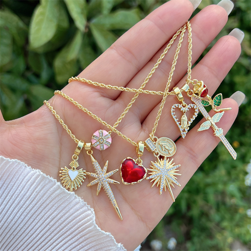 Wholesale Jewelry Retro Classic Style Cross Heart Shape Rose Copper Zircon 18K Gold Plated Multi Charms Necklace Twisted Rope Chain