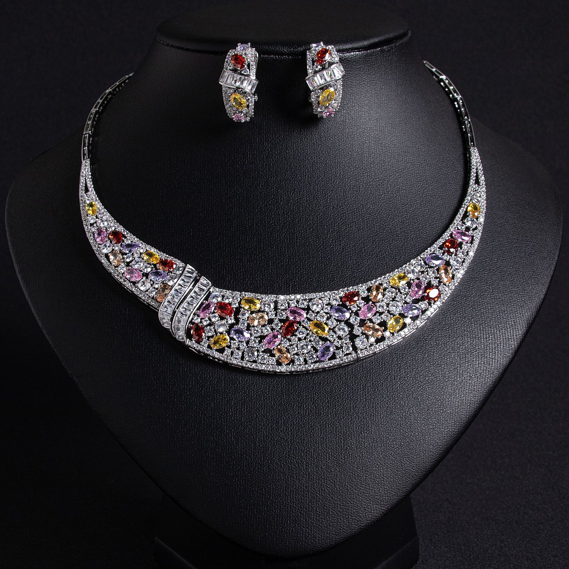 Elegant Beauty Wedding Dress Women's Luxurious Snake Bone Chain Zircon Necklace Earrings  Printed Set Accessories