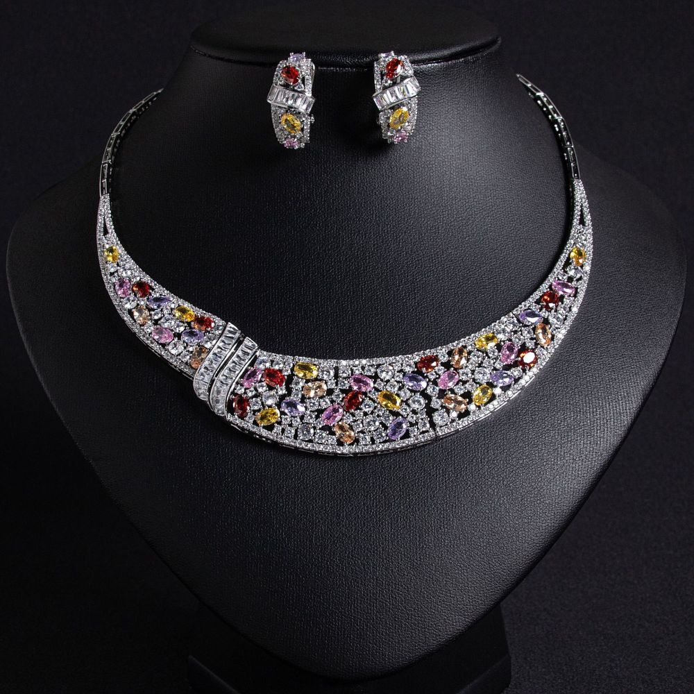Elegant Beauty Wedding Dress Women's Luxurious Snake Bone Chain Zircon Necklace Earrings  Printed Set Accessories