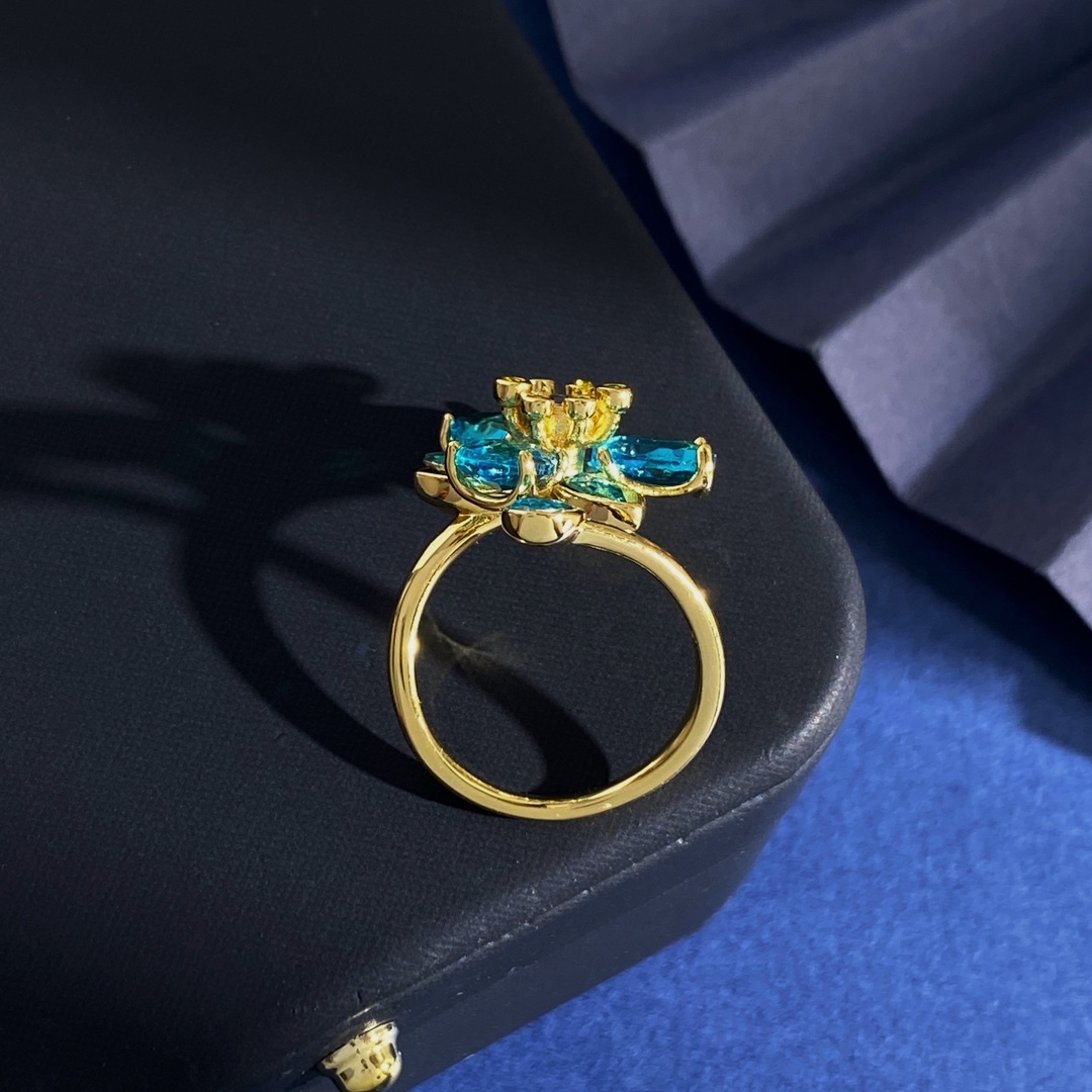 2025 New Crystal Colorful Flower Women's Earrings Elegant Sensation Small Design Daily Wear Adjustable Size Bronze Ring