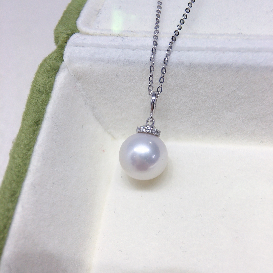 Natural Freshwater Pearl Necklace Single Bead Perfect Round Aurora Pearl Pendant S925 Sterling Silver Clavicle Chain Women's Style White