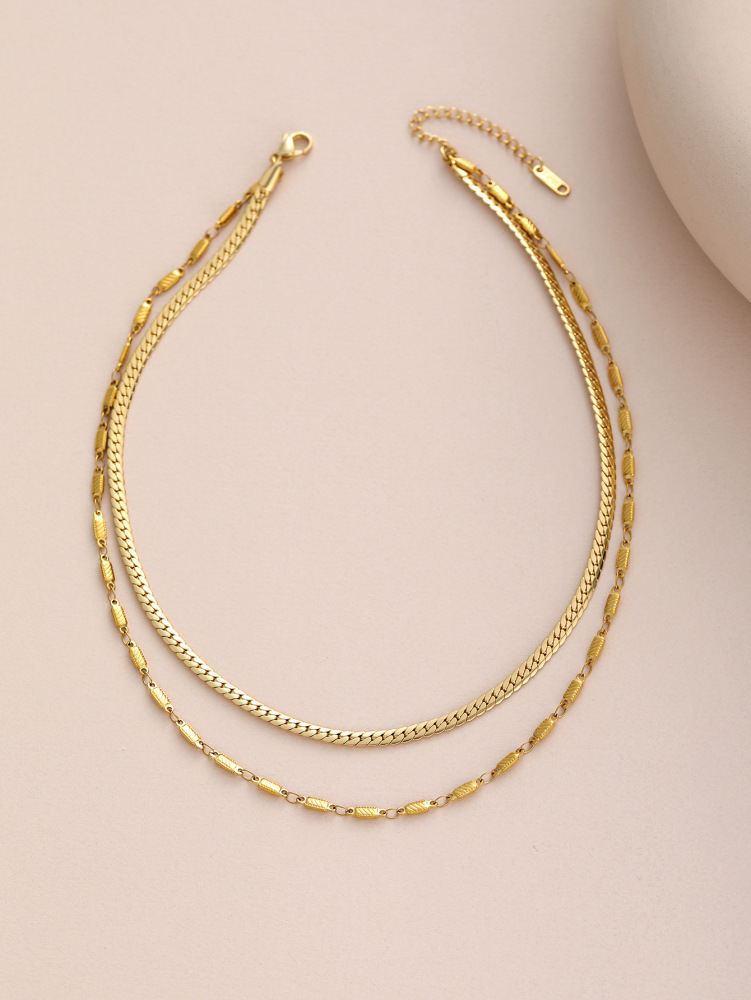 18K Gold Plated Non-Fading Double Layer Oval Splicing Necklace For Women Geometric Stainless Steel Jewelry Accessories