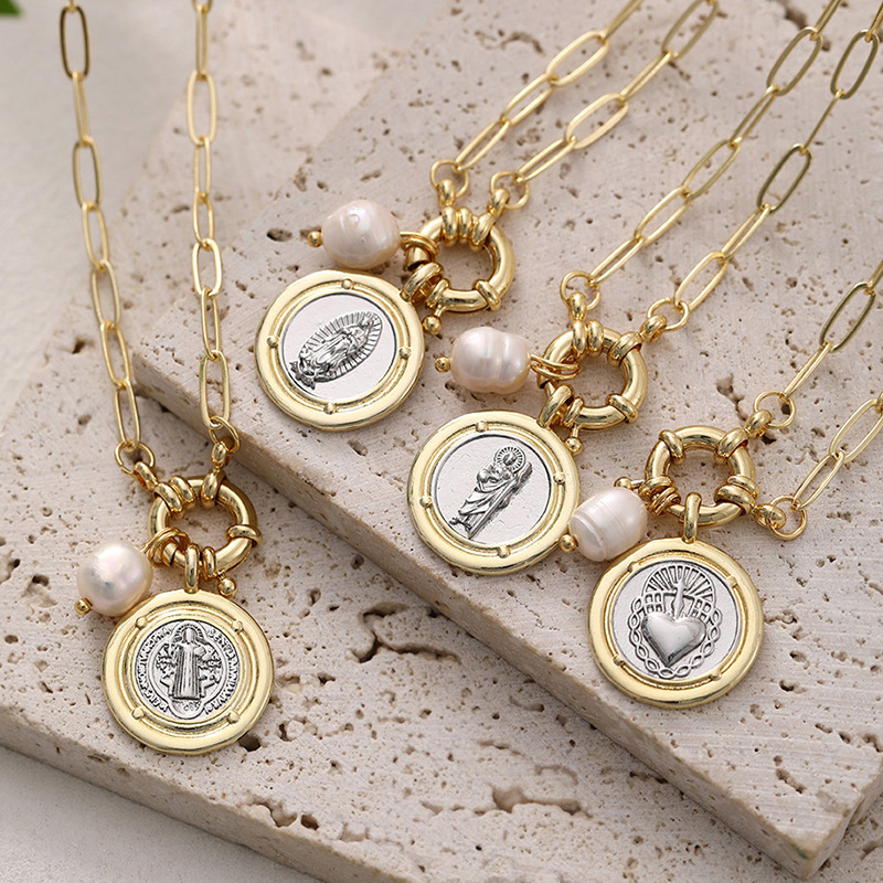 Elegant Retro Religious Geometric Round Mother Of Pearl Pendant Ring Necklace Jewelry Accessories For Women British Style