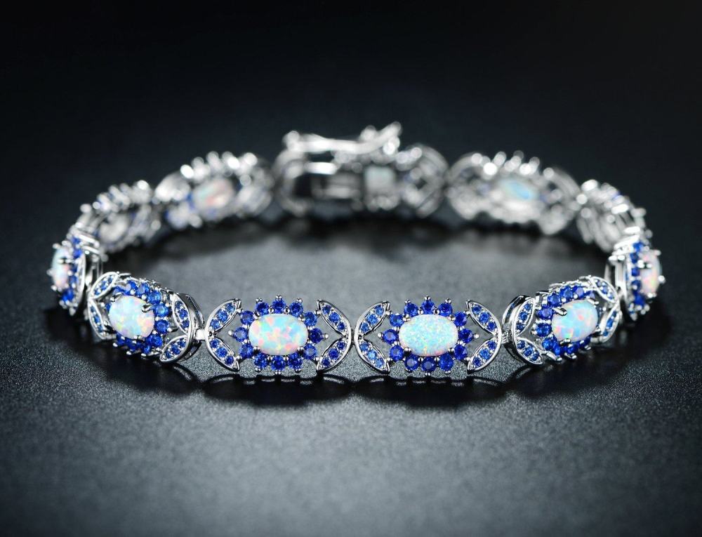 Fashionable Oval Shaped Opal Bracelet Elegant Geometric Pattern Copper Jewelry Colorful Gemstone Accessories For Women