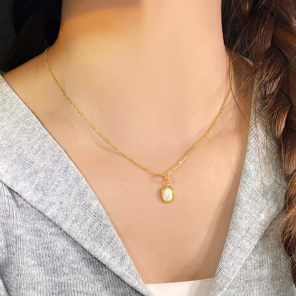 French Style Opal Tiger Eye Pendant Necklace New Fresh Niche Design High-End Birthstone Jewelry Women's Fashion Accessory
