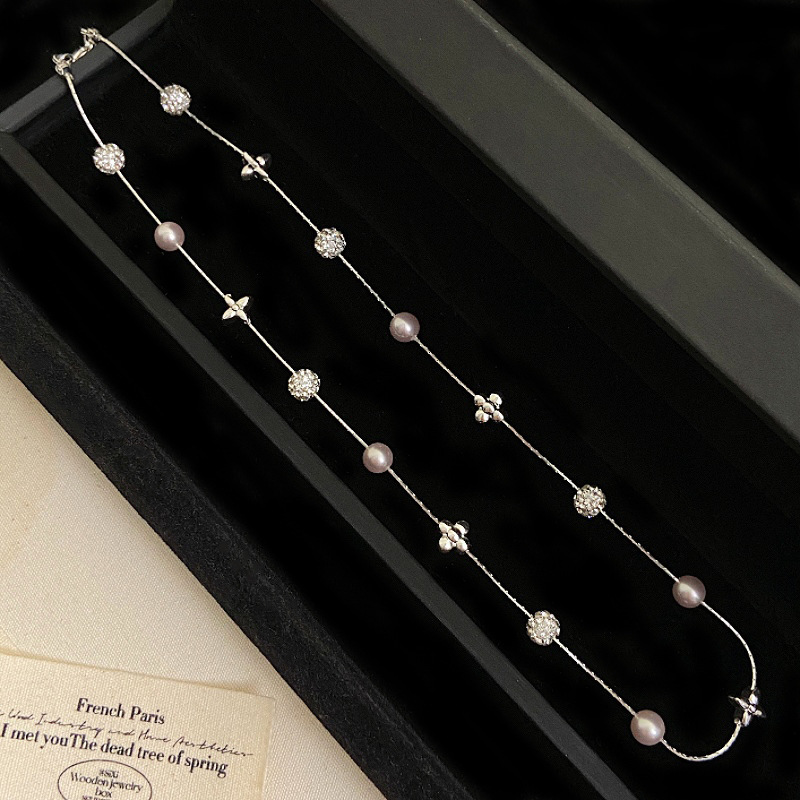Manta Rose Pearl Flash Diamond Ball Four Leaf Flower French Waist Necklace Women's Layering Versatile Clavicle Chain Geometric Pattern Copper